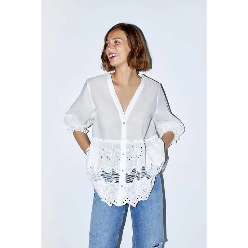 JXYSY 2019 blusas موهير دي مودا 2019 القطن نمط إنجلترا نصف الزهور lanten كم كيمونو بلوزة إمرأة قمم و البلوزات