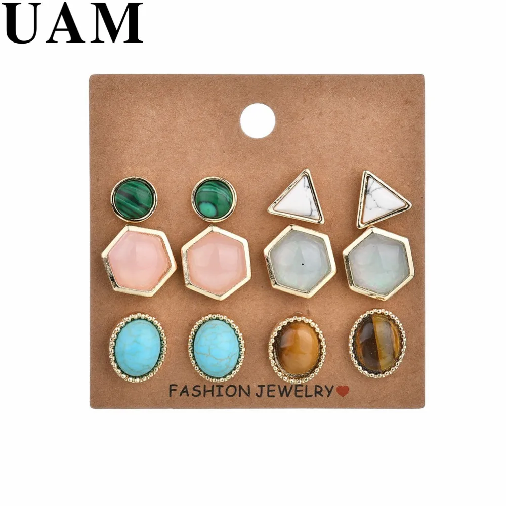 

UAM Triangle Geometric Earrings Set With Stones Stud Earrings For Women Brincos 2018 Oorbellen Marble Simple Jewelry Girl Gifts