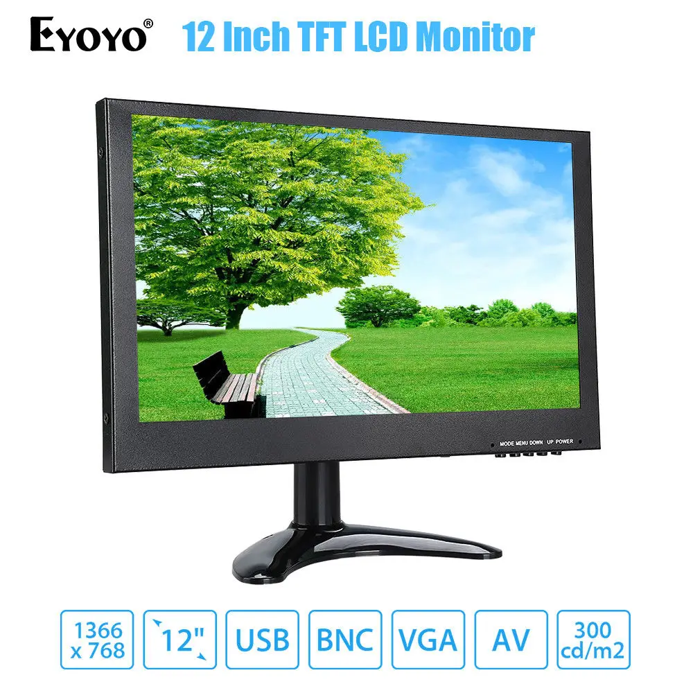 

EYOYO 12" TFT LCD Monitor 1366x768 8WX2 With VGA BNC AV USB Input Built-in Dual Loudspeakers For CCTV Laptop DVR DVD Camera