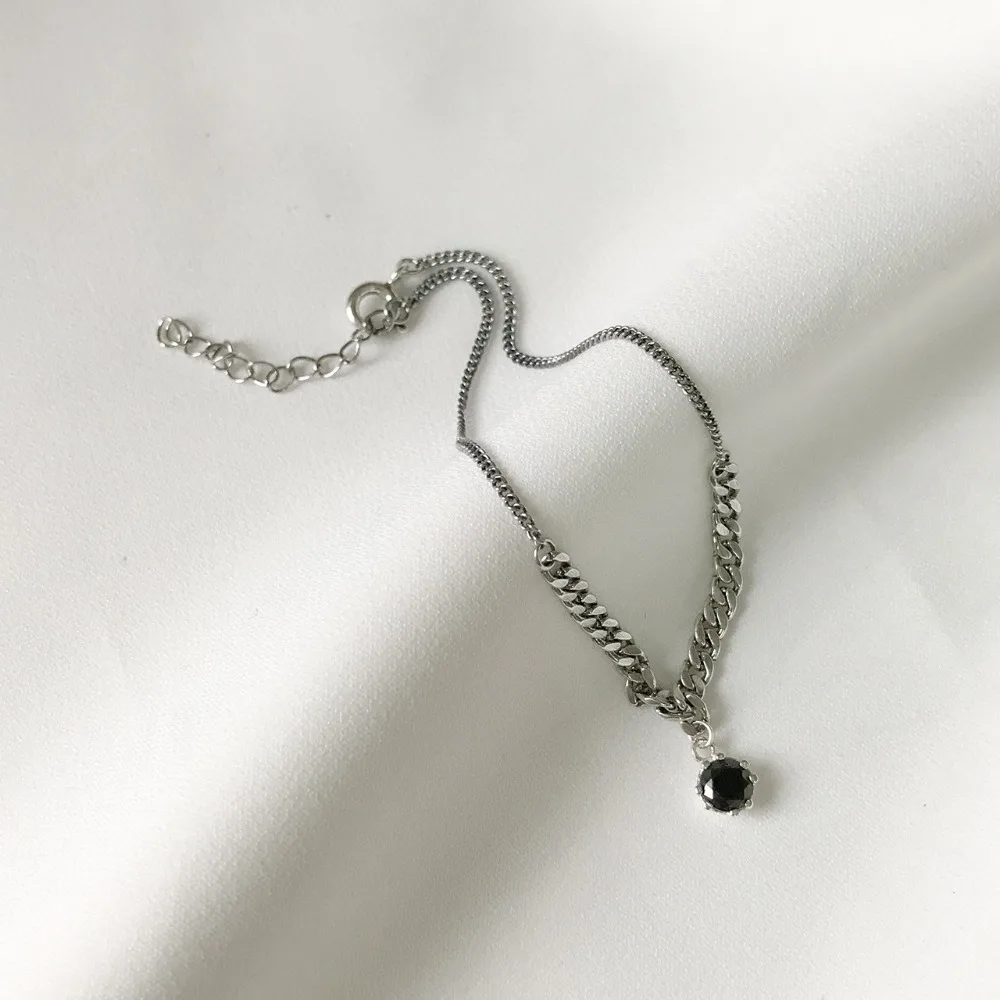 Тонкий и Тонкий Ретро подлинный 925 пробы серебряный и черный круглый циркониевый браслет с цепочкой для браслета регулируемое хорошее ювелирное изделие для женщин TLS54