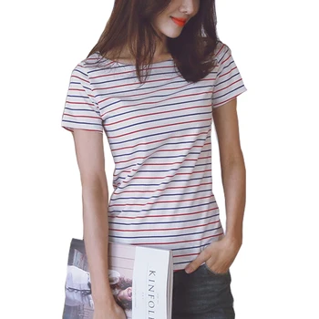 

Korean Preppy Slim High Elastic 5XL Summer Strip Women T shirts Bottoming Lady Tees Class Teenager Female T-shirt 2018 Punk Tops