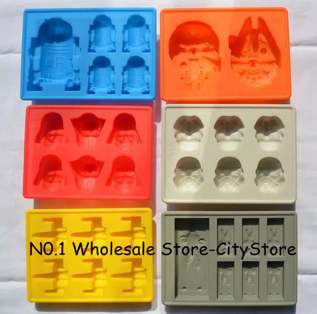 Hot 6pcs Star Wars Darth Vader,Storm Trooper,R2D2,Falcon,X-Wing,Hans Solo Silicone Mold Ice Cube Tray Chocolate Fondant Mould