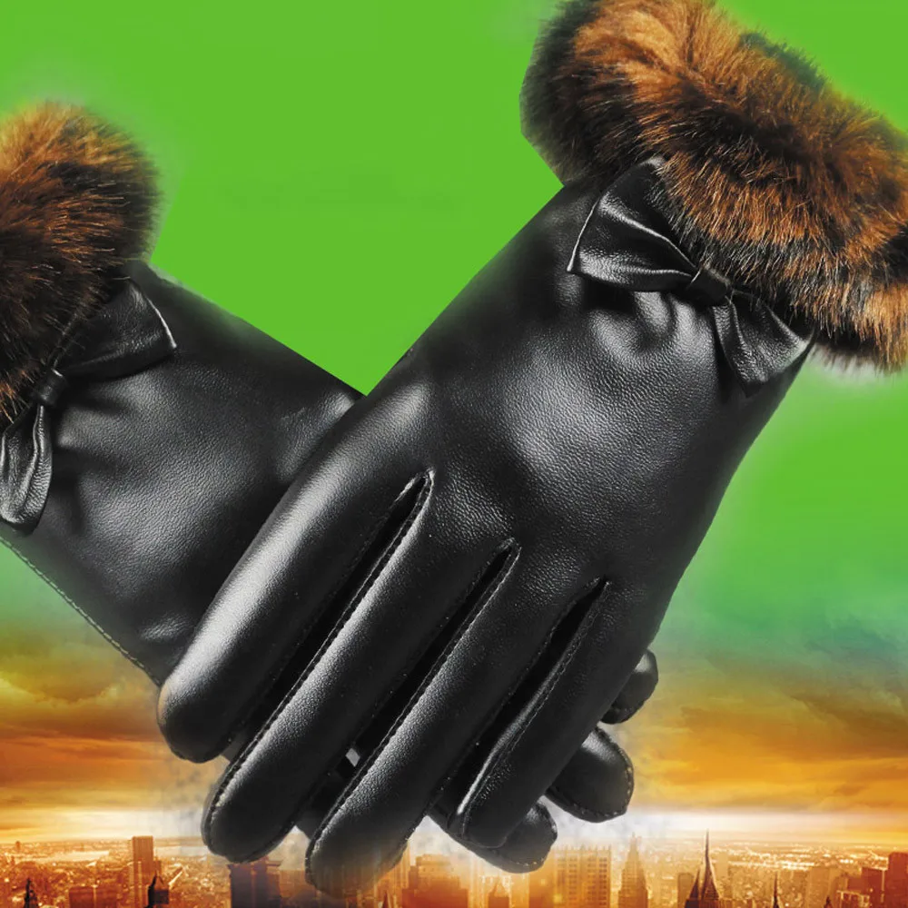 Hot Sale Fashion Women Black Leather Gloves Autumn Winter Warm Mittens gant tactile hiver E20