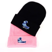 Новая мода Harajuku черная пара волна вязанные шапочки с вышивкой теплая шапка мужская женская зимняя хип-хоп кепки, шляпы