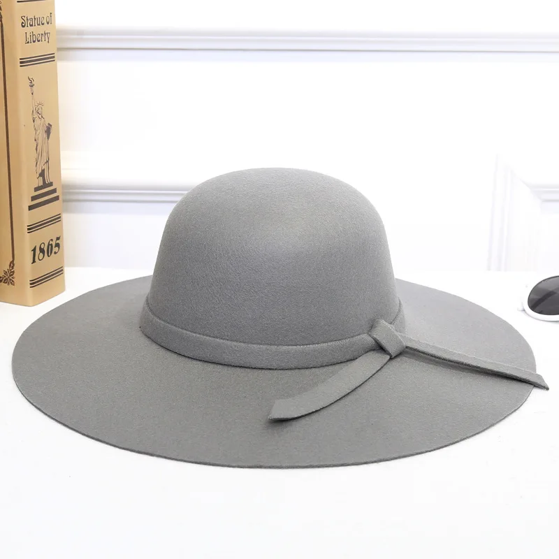 Women's Hat Cap Woman Classic Retro Jazz Warm Ladies Fedora Bucket Cotton Sweet Caps Wide Brim Top Sun Hat Trendy Vintage - Цвет: Gray