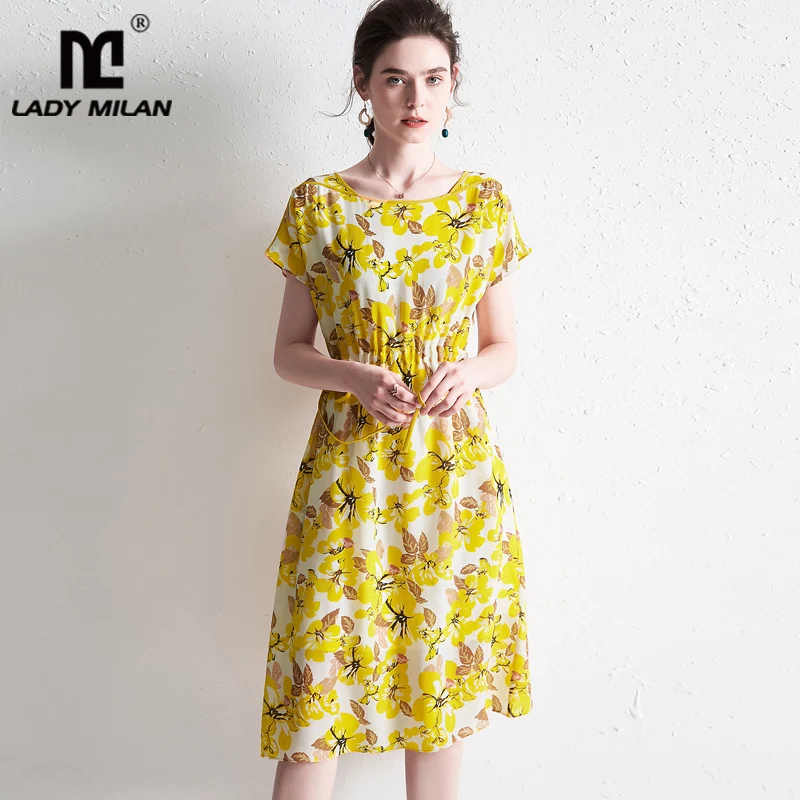 

100% Silk Women's Runway Dresses O Neck Short Sleeves Lace Up Waist Floral Printed Fashion Summer Dresses