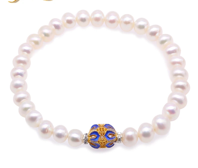 

Natural Pearl Bracelet 7mm White Flatly Round Freshwater Cultured Pearl Bracelet Women with Cloisonne& Shiny Zircon(7")