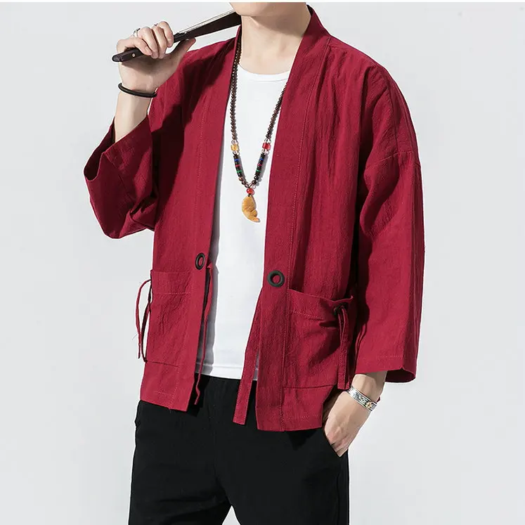 Летняя мужская одежда для защиты от солнца в стиле Харадзюку, кимоно, повседневные мужские куртки, открытая стежка, одноцветная мужская куртка в китайском стиле, верхняя одежда - Цвет: Wine Red