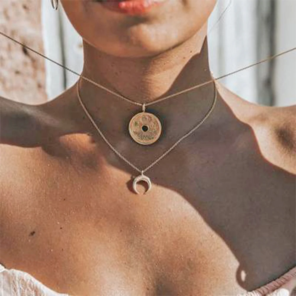 

MAXX Fashion 2 Layer Gold Metal Coin Statement Neckklace Female Choker Collares Jewelry Moon Pendant Necklace For Women Girls Gi