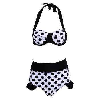 

Summer Women's Sexy High Waist Vintage Swimsuit Swimwear Underwire Polka Dot Print Ruffles Bikini Set White