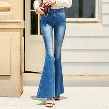 Модные длинные джинсовые брюки для женщин расклешенные брюки плюс размер 24-30 размер джинсовые синие стрейч летние тонкие джинсы