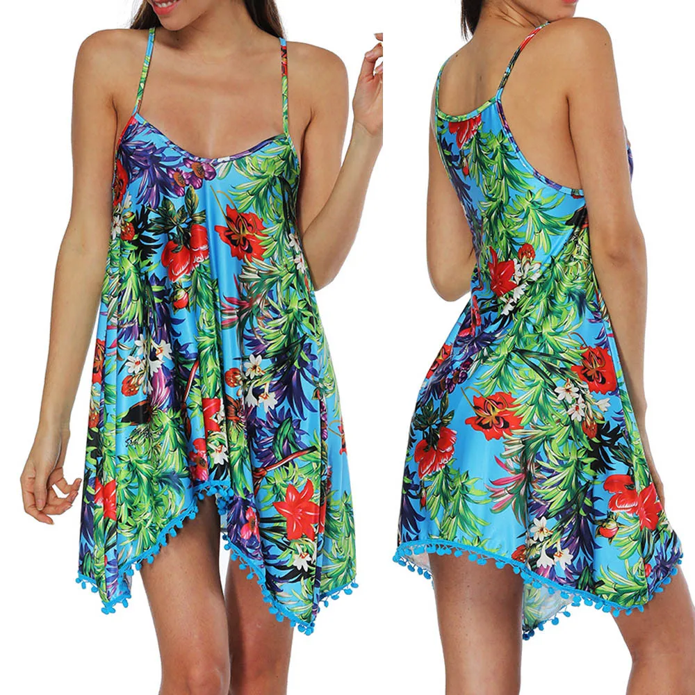 Sexy Beach Boho Sling Dresses Swim Women 2019 Blue Chiffon Tunic Backless Dress Cover Up Bikini | Женская одежда