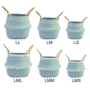

Blue Straw Baskets Seaweed Woven Folding Basket Bag Cosmetic Storage Bag Laundry Storage Basket Household Items Fluff or not