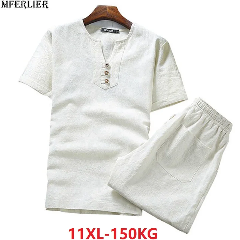 

plus size big 9XL 10XL summer men linen pajamas sleep wear short sleeve t-shirts and shorts japanese cotton 8XL V-neck clothing