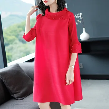 

Plus Size Dress Women Autumn Fashion New Beading 3/4 Flare Sleeve Loose Miyake Pleats Dress for women weight 45-75kg