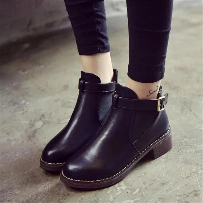 Dropshipping, botas tobillo para mujer, otoño 2018, plataforma plana a la moda mujer, zapatos casuales sólidos con correa y punta redonda|Botas hasta tobillo| - AliExpress