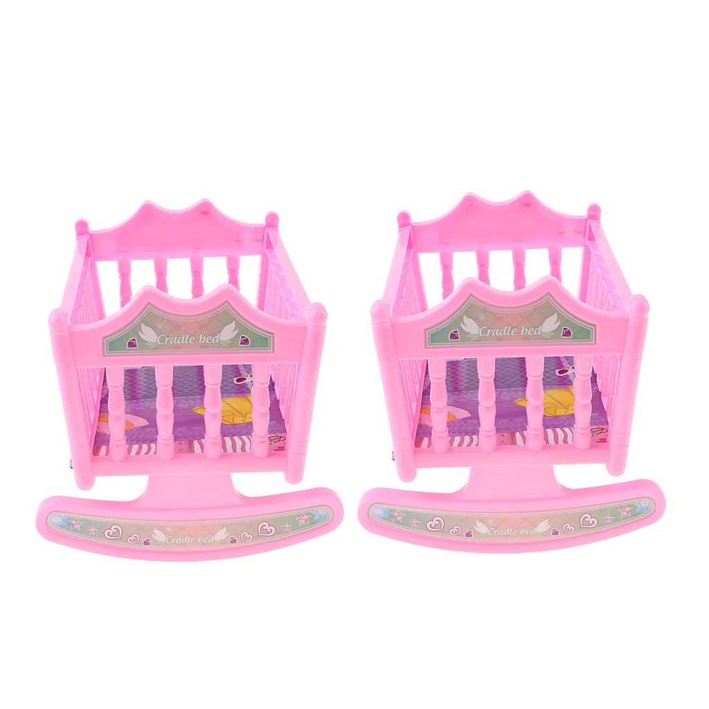 2pcs Cute Plastic Rocking Bed Nursery Room Furniture Accessory for 20cm Baby Dolls Pretend Play Pink