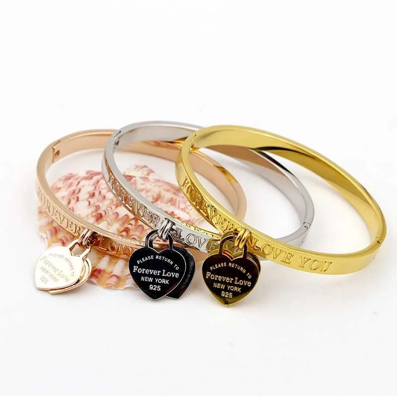 

Hot Stainless Forever Love Two Hearts Bangle Bracelet Woman Titanium Steel Rose Gold Silver Plated Charm Bracelet Drop Ship