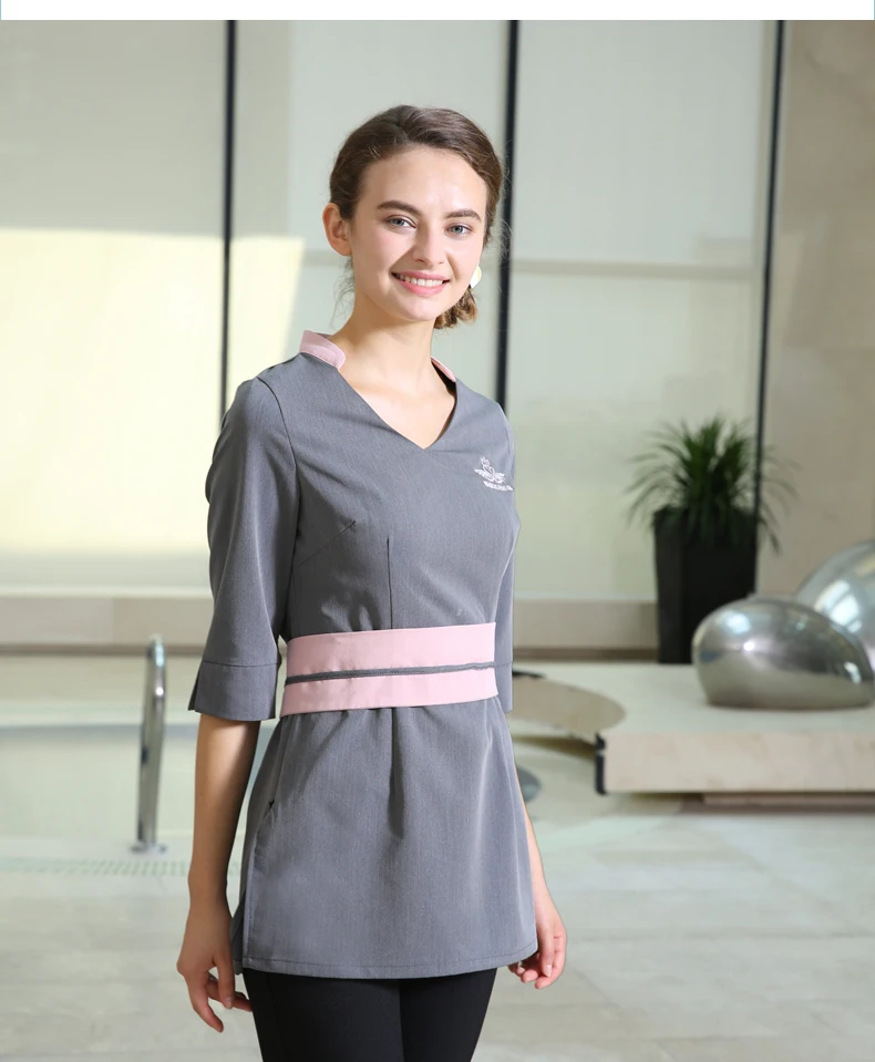 Autumn/Winter Three Quarter Sleeve Fashion Spa Beauty Uniform Custom-made V Neck Top+Long pants Sets Workwear Cafe Uniforms