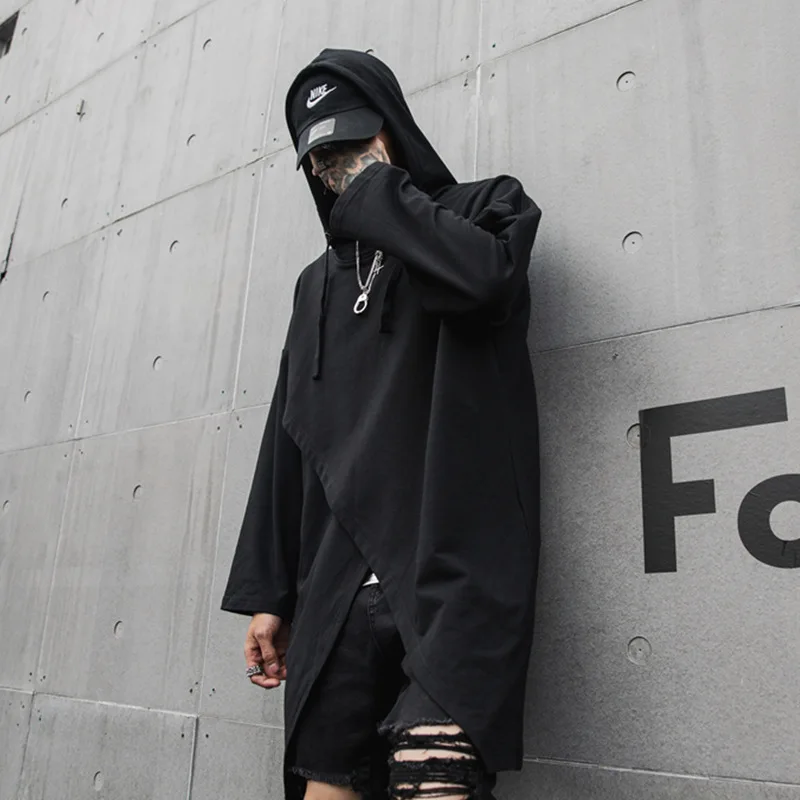 

Male Streetwear Punk Hip Hop Long Sleeve Tee Shirt Black Tshirt Men Fashion Casual Loose Hooded T-shirt Stage Clothes