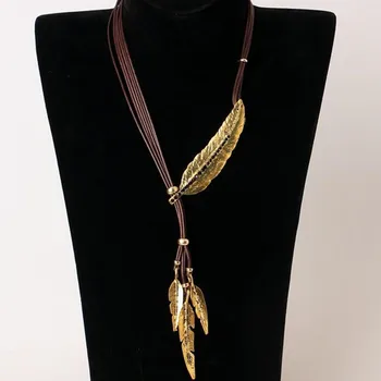 

New fashion new arrival crystal necklace leather cord Metal Imitation rhinestone pendant leaves feather for women