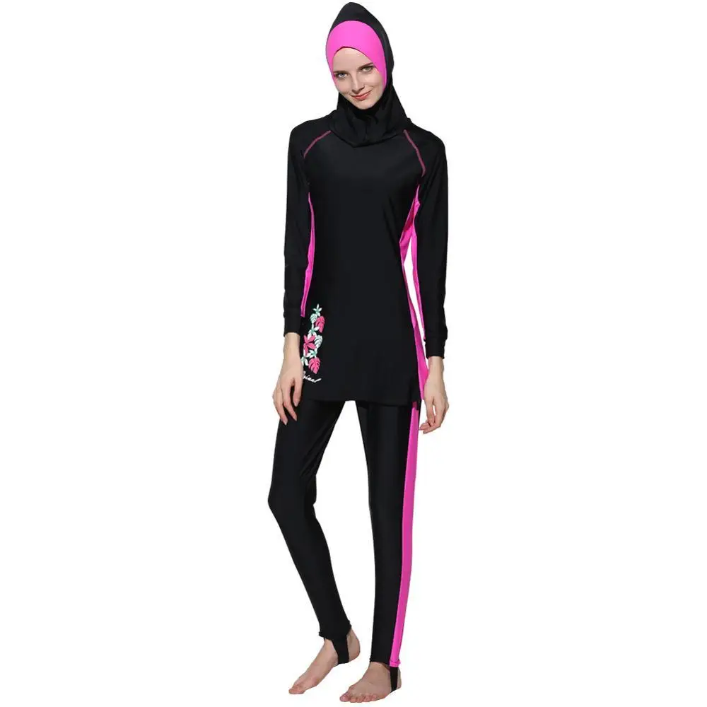 Скромный Мусульманский купальник хиджаб плавательный костюм с цветочным принтом - Цвет: Rose Red