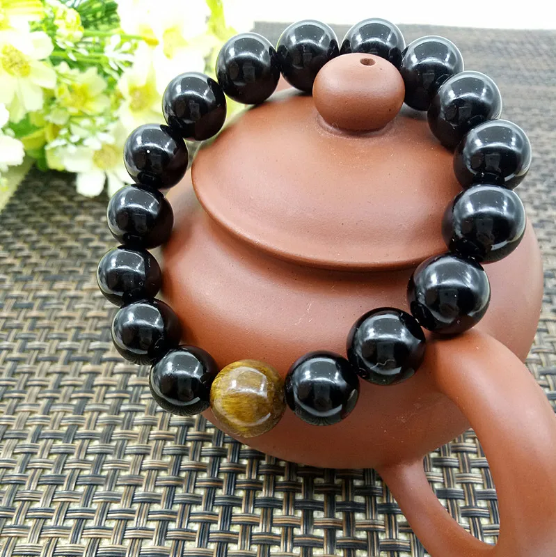 

Natural Black Onyx with One Tiger eye Stone 6-14mm Bead Men's Jewelry 12 Constellation Leo Lovers Energy Bracelet