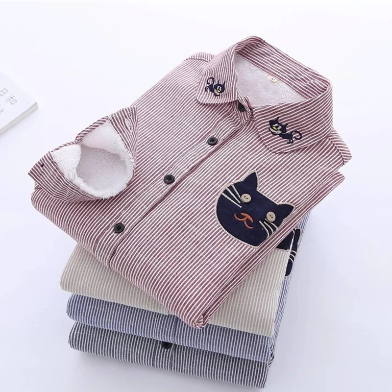 

New Plus Velvet Thick Warm Blusas Women's Striped Shirt Female Long Sleeve Tops Embroidery Spring Cotton Blouse Cashmere Blusas