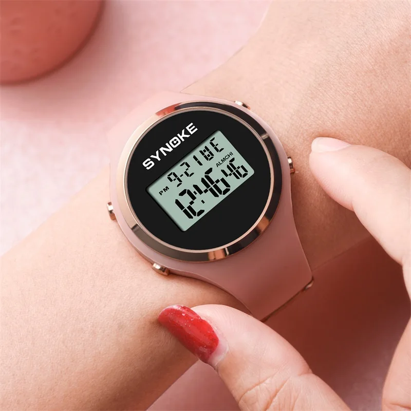 SYNOKE Women Sport Watch Pink Silicone Digital Candy Color Alarm Chronograph Multifunction Fashion Gril Wristwatch