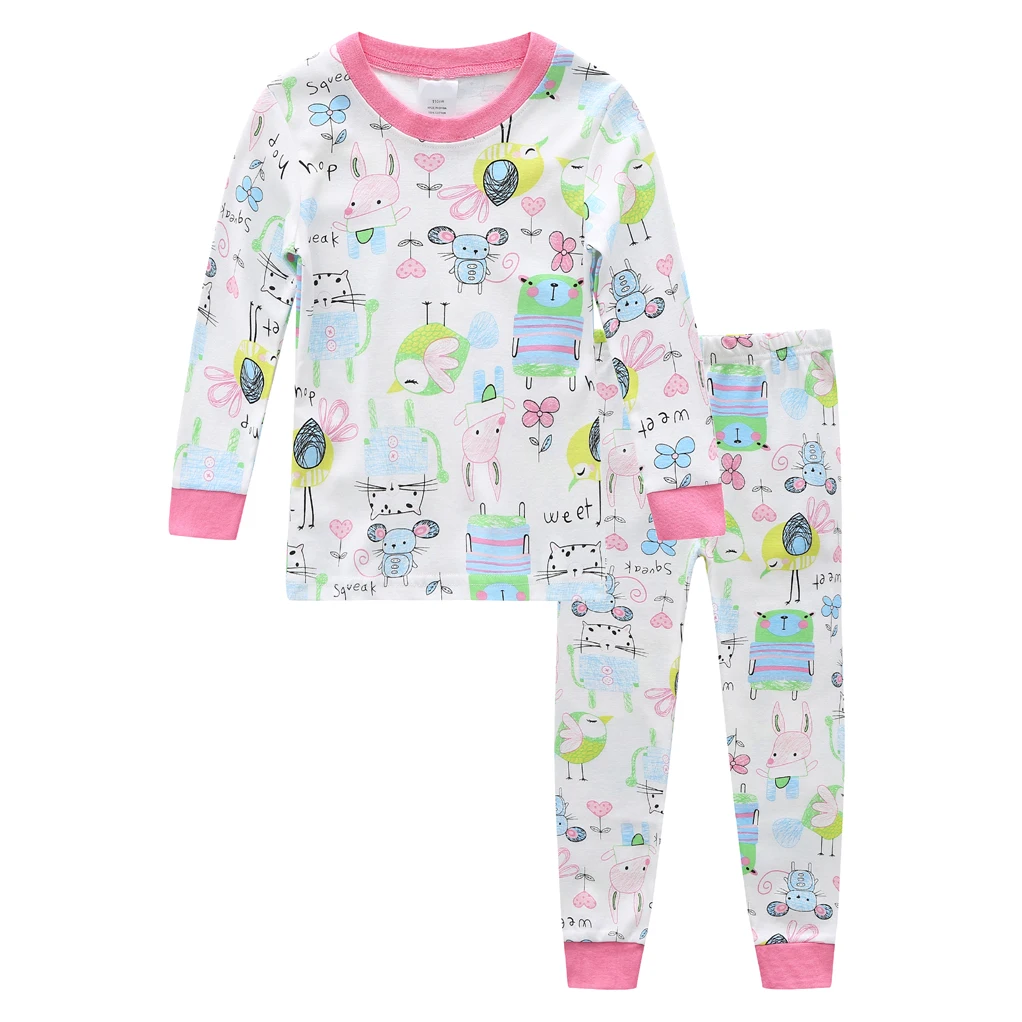 Пижамы из хлопка для маленьких мальчиков одежда для сна с героями мультфильмов для девочек детские пижамные комплекты с животными детская хлопковая одежда для сна, топы с длинными рукавами+ штаны, комплекты - Цвет: Розовый
