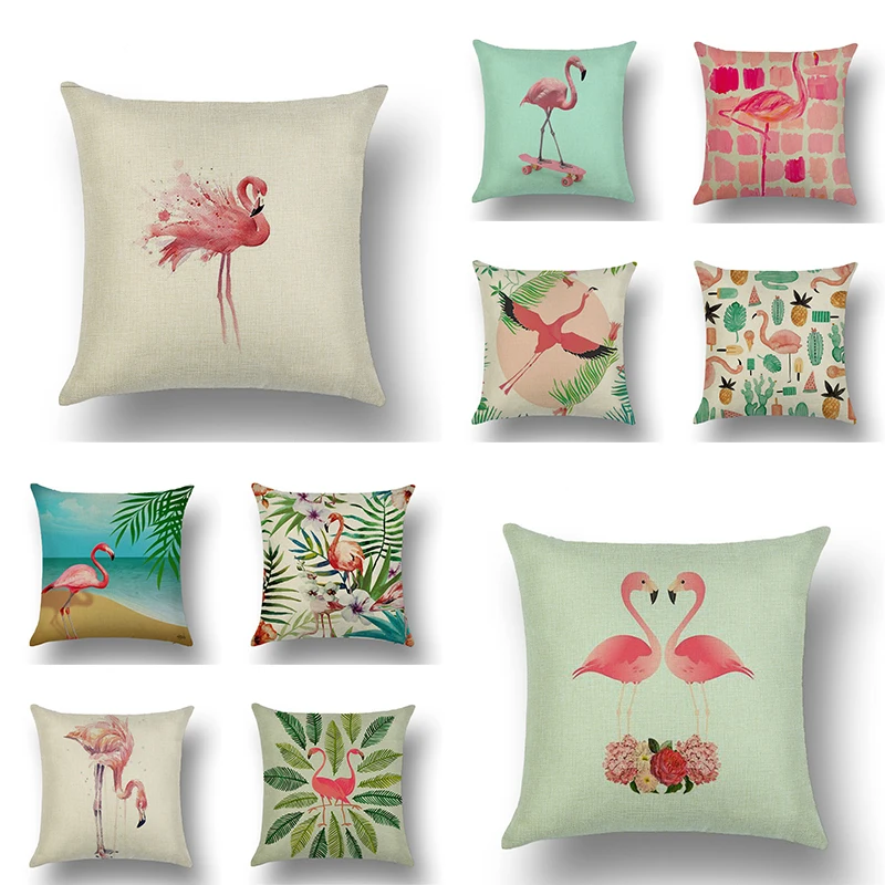 

Crane Printed Pink Animals Leaves Cushion Cover 45x45cm Linen Unicorn Pillow Skate Couch Flamingo Cushion Covers Farmhouse Decor