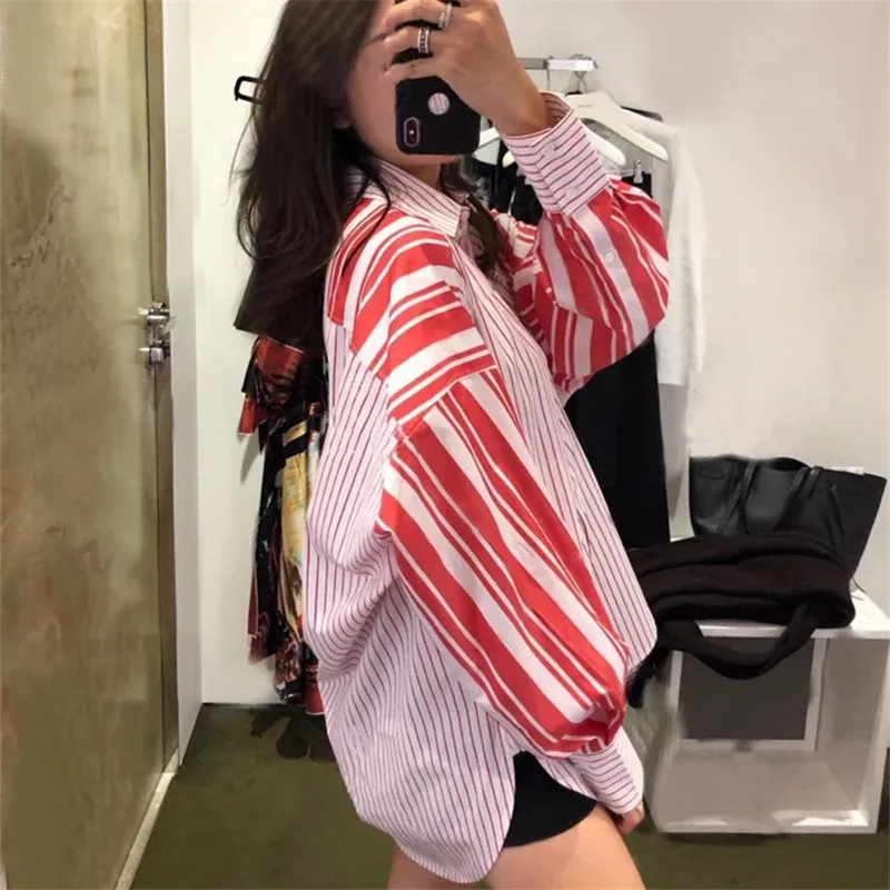 Patchwork Striped Women's Shirt Blouse Top Female Loose Plus Size Casual Spring Shirts Clothes Fashion Korean New TS37 (2)