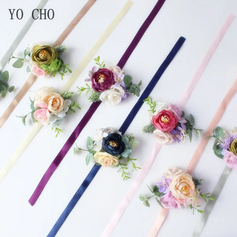 YO CHO Handmade Fake Silk Rose Wrist Flowers for Bridesmaid Wrist Corsage Bracelet Groom Boutonniere Corsage Wedding Accessories