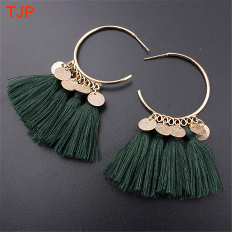 

TJP 2019 New Ethnic Bohemian Tassel Earrings Long Rope Fringes Red Trendy Sector Drop Dangle Earrings for Women Fashion Jewelry