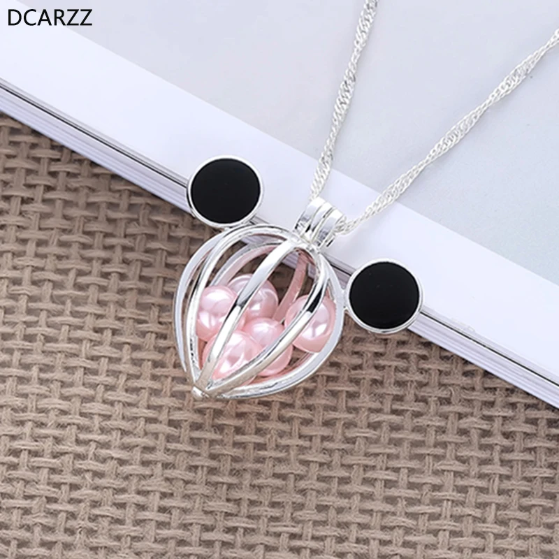 

2019 Silver Mickey Ears Pearl Cage Pendant Minne Locket Necklace Fashion Jewelry Pink Pearls Beads Necklaces Gift for Girls