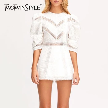 

TWOTWINSTYLE Hollow Out Elegant Playsuits For Women O Neck Puff Sleeve Lace Ruched Shorts Female 2020 Summer Fashion New