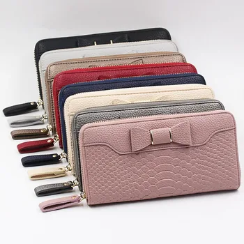 

8PCS / LOT Lady Wrist Wallets Long Alligator Leather Wallet Women Elegant Bow Money Bag Coin Card Clutches Purse cartera mujer