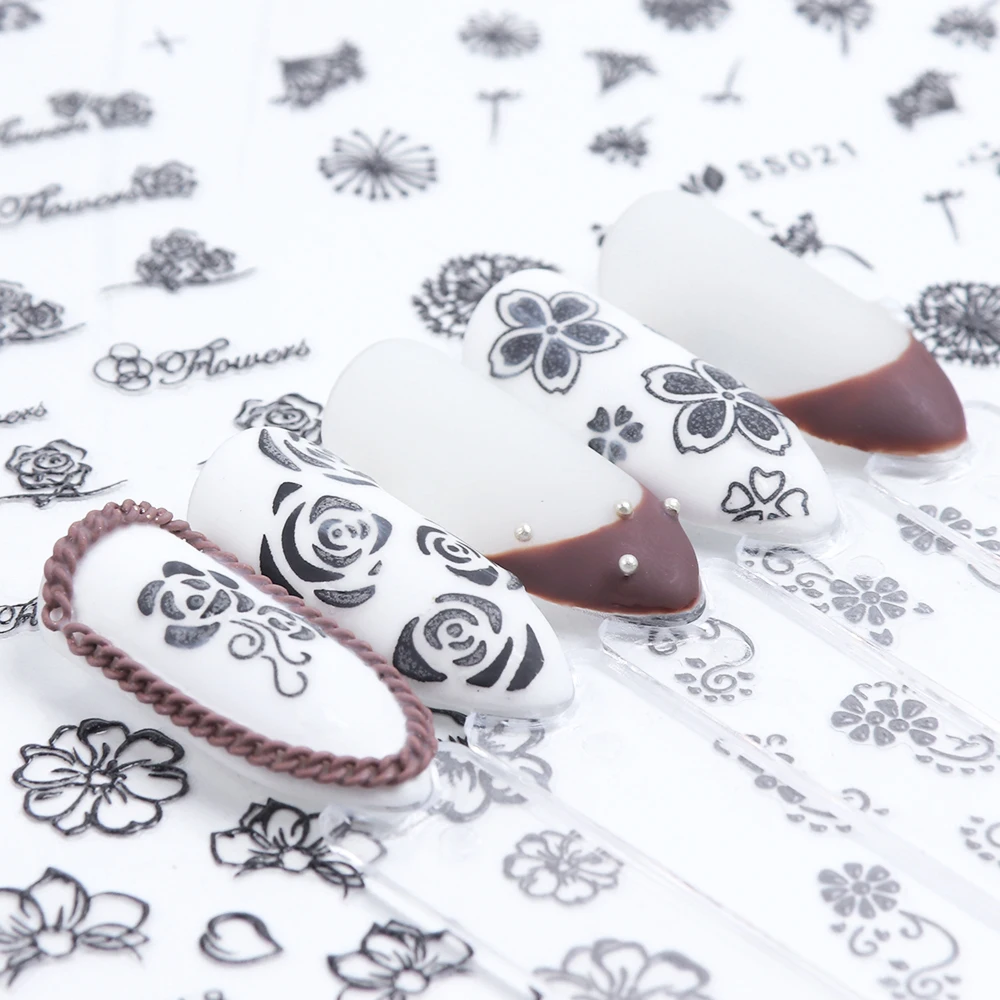 Смешанный дизайн цветы кружева 3D клей ногтей переводные наклейки украшения черный/белый Фольга наклейки гель лак Маникюр TR922