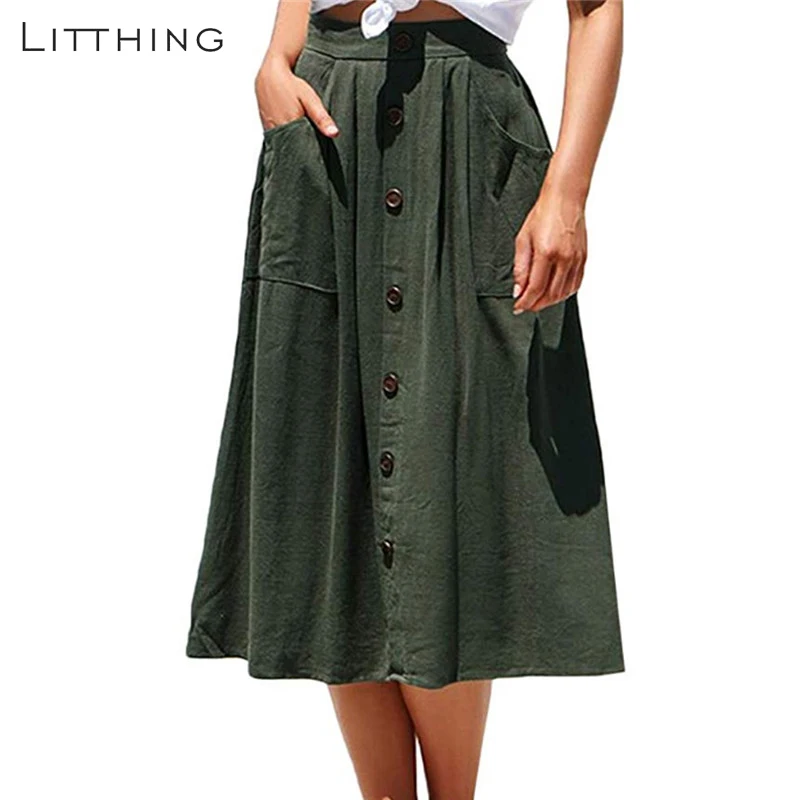 

LITTHING 2019 Summer Women Solid Skirt Casual Buttons Design Beach Skirts Womens Fashion Vintage Pockets Streetwear Long Skirt