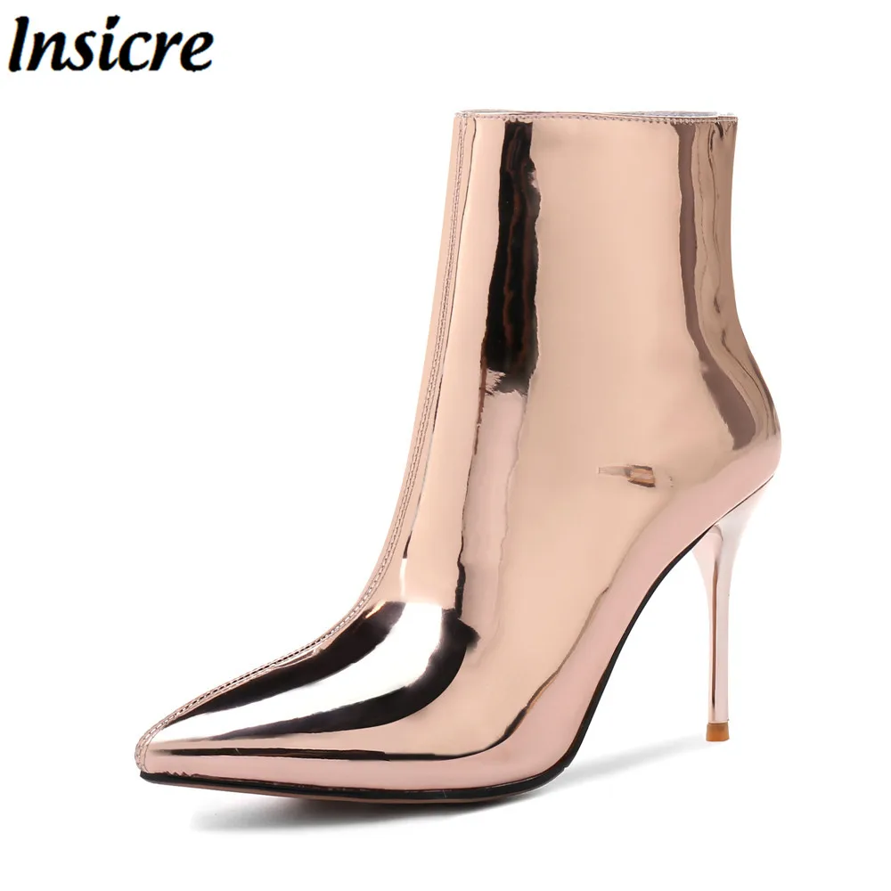 

Insicre New sexy Autumn Women Boots PU leather Pointed toe woman Ankle Boots Thin Heels 9 cm Big Size 31-45 zipper