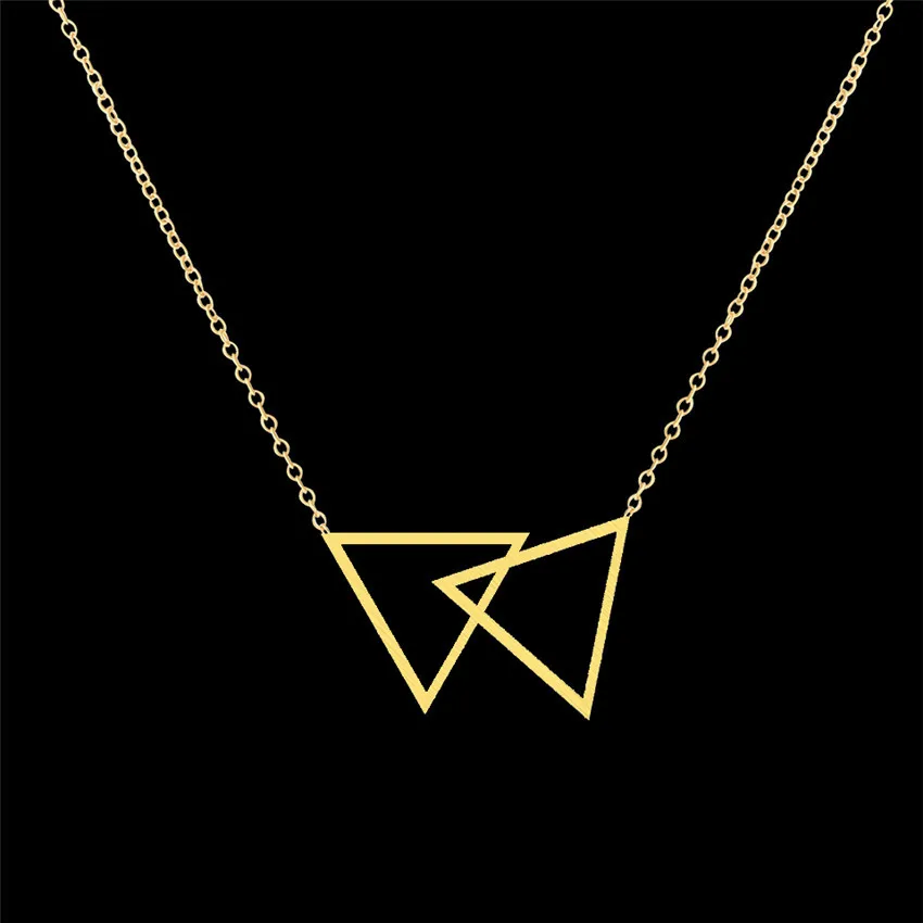 

ACEBFEET Latest Simple Geometric Stainless Steel Gold Necklace Collares Horizontal Double Triangle Pendant Necklace Luck
