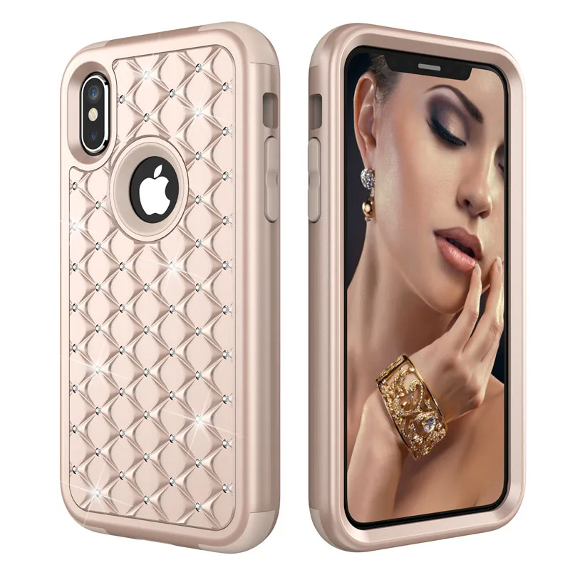 Bling Diamond Shockproof  Armor Case For iphone 11 12 13 Pro XS Max 8 7 Plus Cover 3 in 1 Silicon & PC Full Protection Back Case case for iphone 13 mini