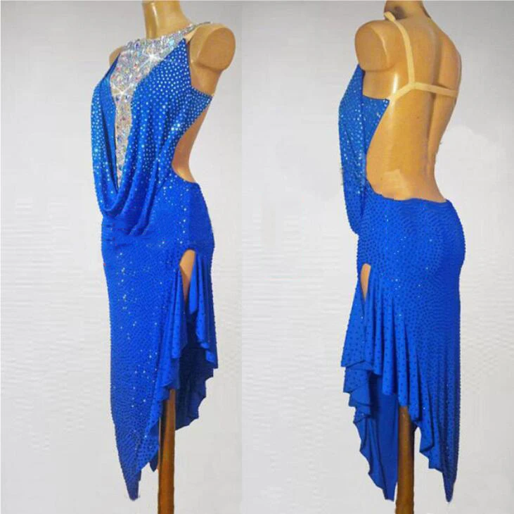 Платье для латинских танцев, новое женское роскошное платье с бриллиантами и открытой спиной, платья для латинских танцев для взрослых, костюмы для выступлений на сцене - Цвет: Синий