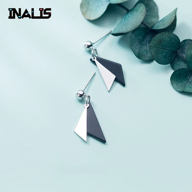 

INALIS New Fashion OL Style Brincos S925 Sterling Silver 2pcs Triangle Slice Black Color Dangle Drop Earrings for Women Jewelry