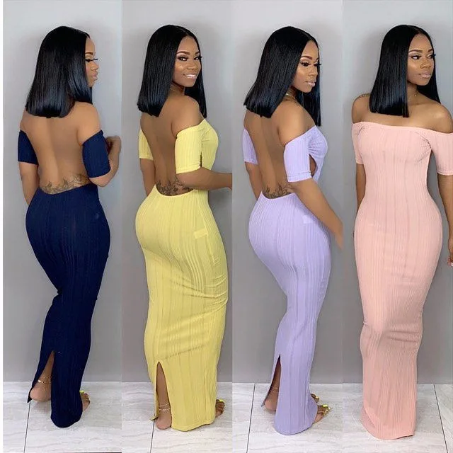 

New Design Elegant Summer Maxi Dresses Rib Knit Women Long Dresses