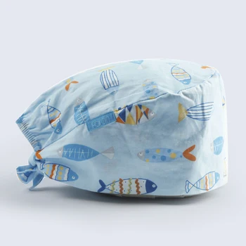 

Fish Print Surgical Caps Medical Scrubs Hat Tieback Thin with Sweatband Breathable Adjustable Dentist Work Hats