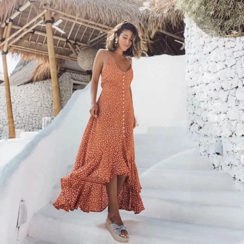 Фото Элегантное женское длинное платье в горошек Boho летний сексуальный сарафан с v Элегантное женское длинное платье в горошек Boho летний сексуальный сарафан с v