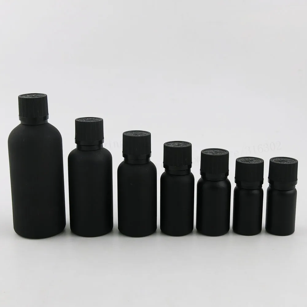 

100ml 50ml 30ml 20ml 15ml 10ml Frost Black Essential Oil Bottle With Tamper Evident Cap 1oz Cosmetic Containers 12PCS