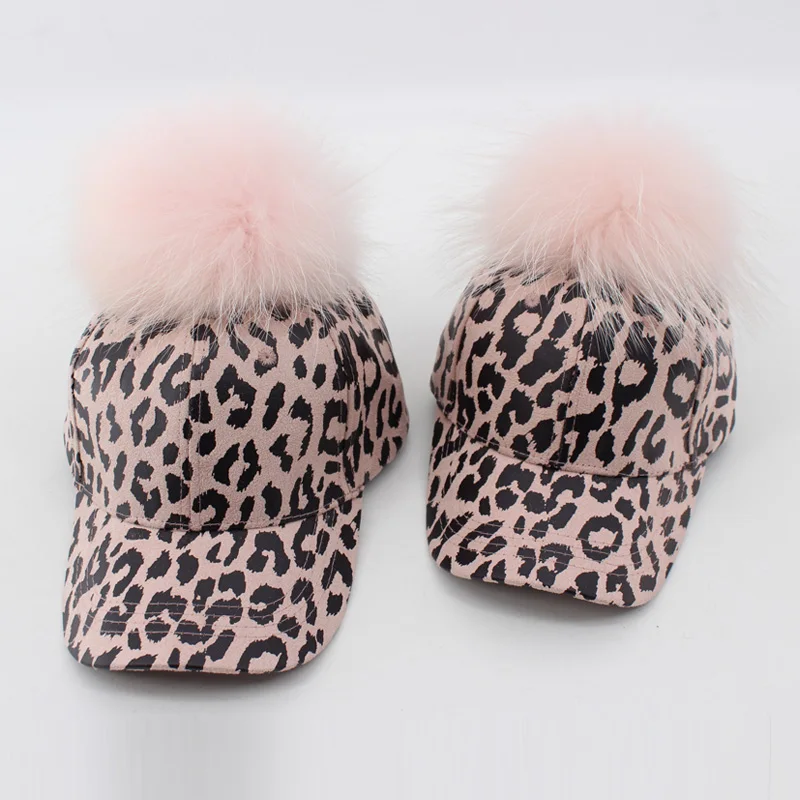 

Leopard PU Leather Baseball Cap for Parents and Kids Real Fur Pompom Caps for Women
