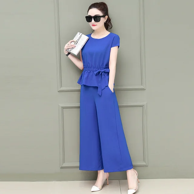 Two Piece Set Women Ruffle Blouse And Wide Leg Pant Suit 2019 New ...